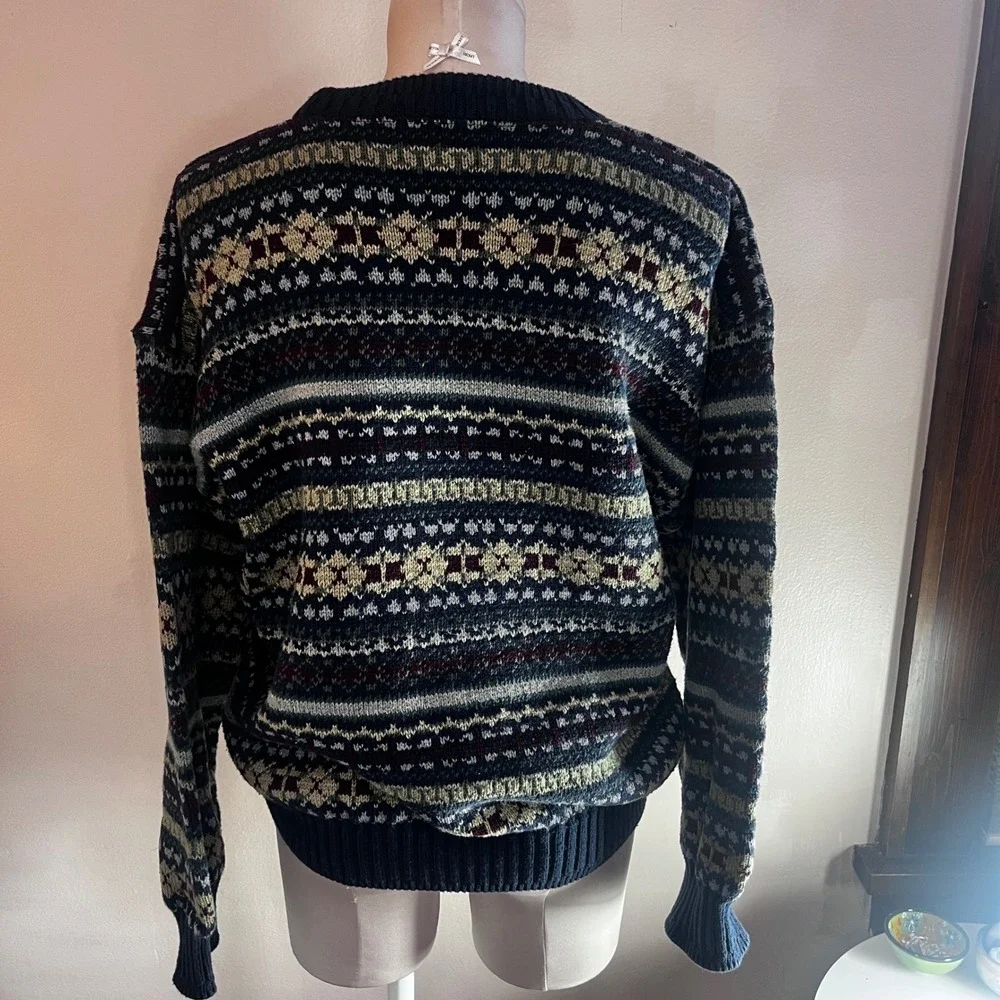 Vintage 90s Adult Large Fair Isle Cotton‎ Sweater Made in USA Navy Green Preppy